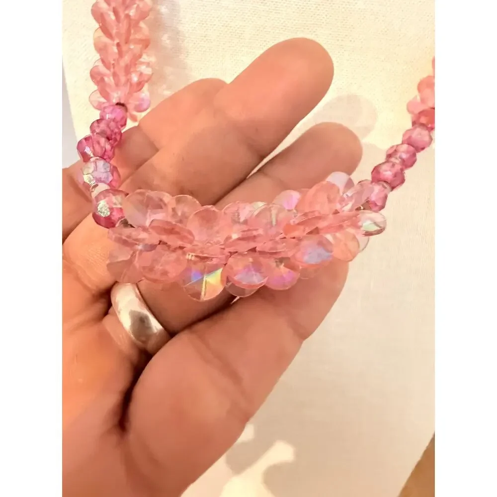 Vintage Pink Faceted Beaded Statement Necklace 28”